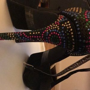 Black satin heels with sequin heels.